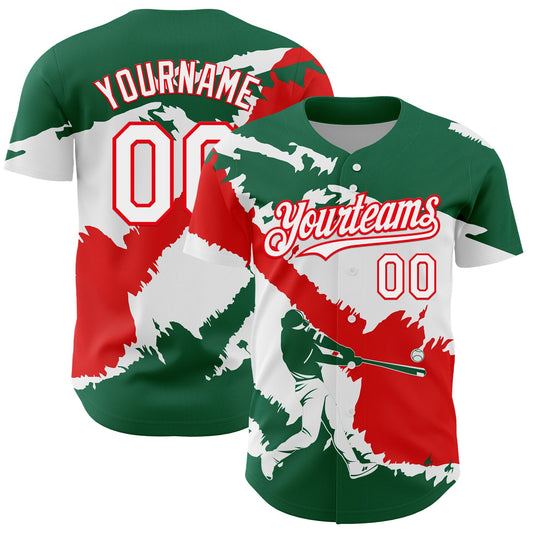 Custom Kelly Green White-Fire Red 3D Mexico Mexican Flag Authentic Baseball Jersey - Main View