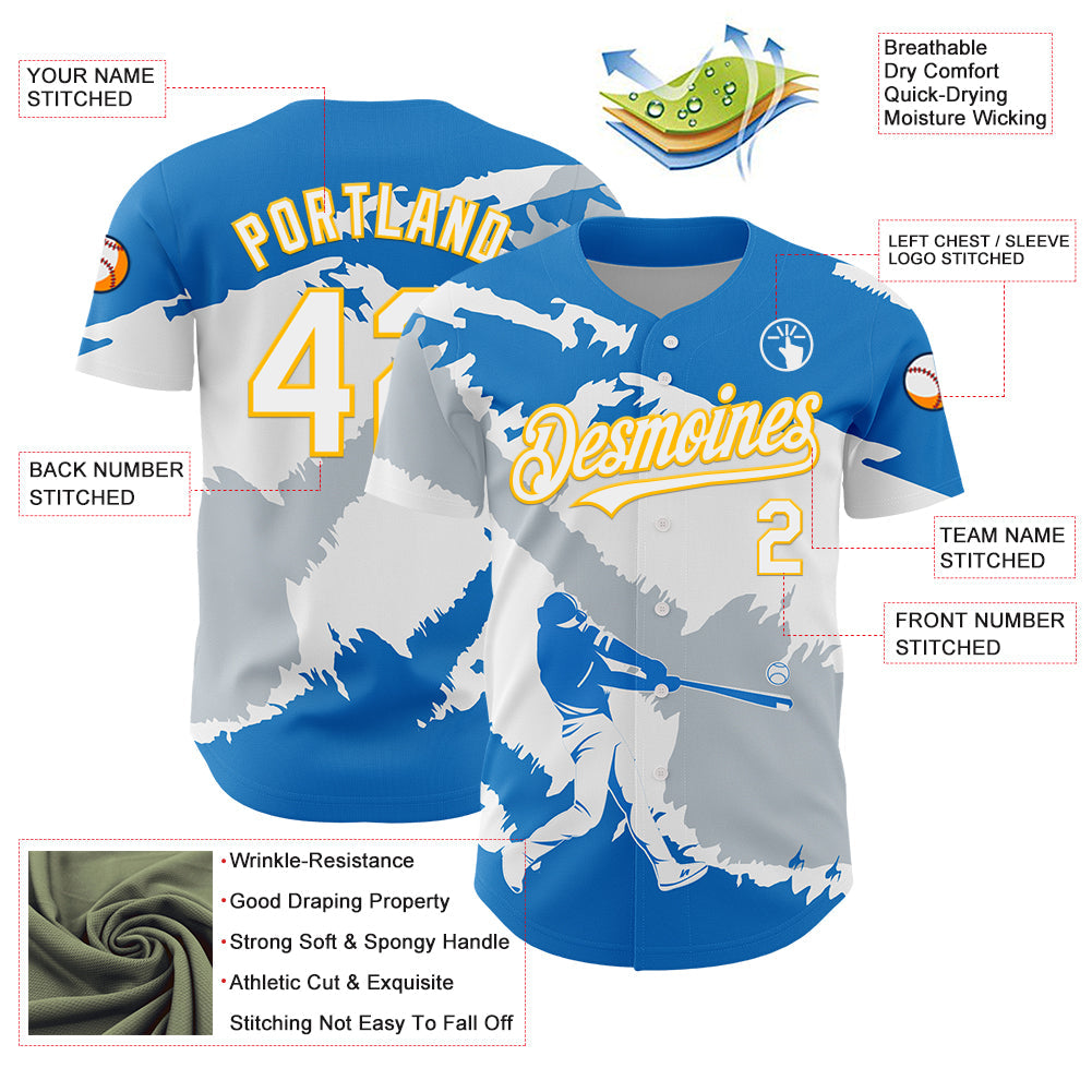 Custom Electric Blue Gold-Silver 3D Nicaragua Nicaraguan Flag Authentic Baseball Jersey view 3