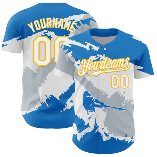 Custom Electric Blue Gold-Silver 3D Nicaragua Nicaraguan Flag Authentic Baseball Jersey - Main View