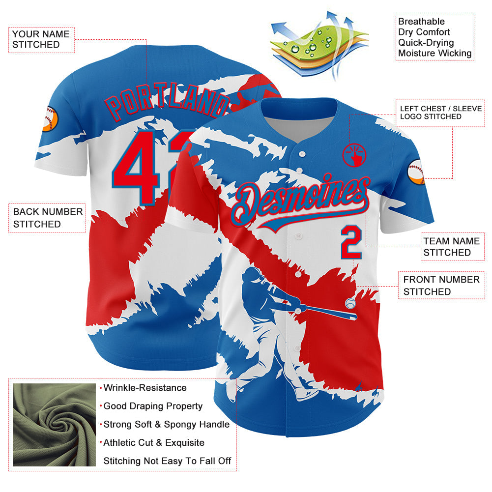 Custom Blue Fire Red-White 3D Panama Panamanian Flag Authentic Baseball Jersey view 3