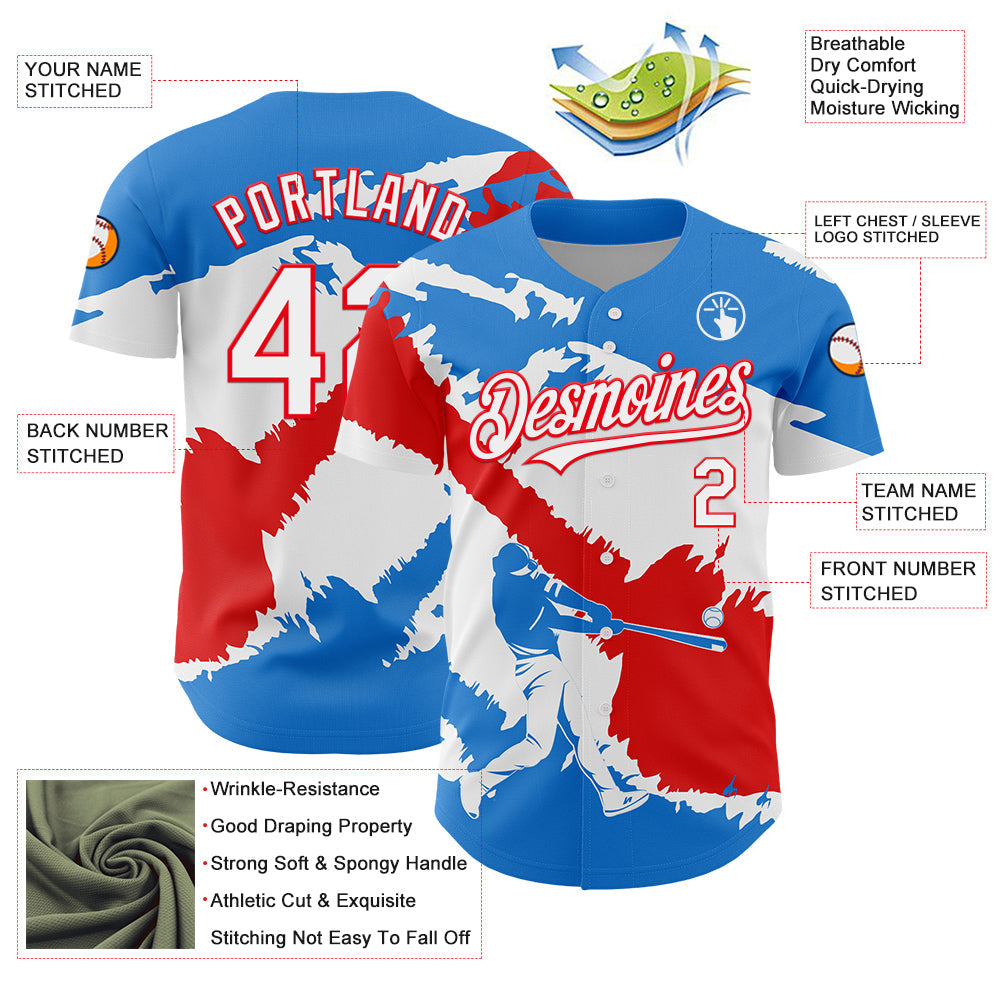 Custom Electric Blue White-Fire Red 3D Puerto Rico Puerto Rican Flag Authentic Baseball Jersey view 3