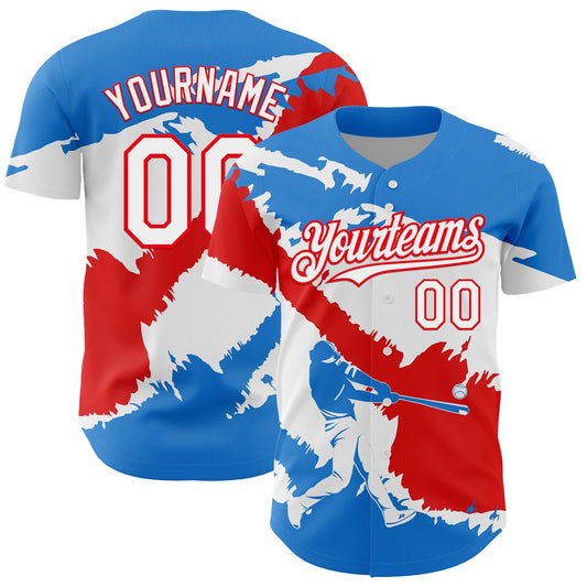 Custom Electric Blue White-Fire Red 3D Puerto Rico Puerto Rican Flag Authentic Baseball Jersey - Main View