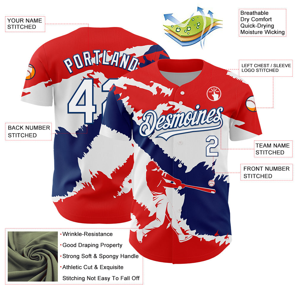 Custom Fire Red White-US Navy Blue 3D Dominican Republic Flag Authentic Baseball Jersey view 3