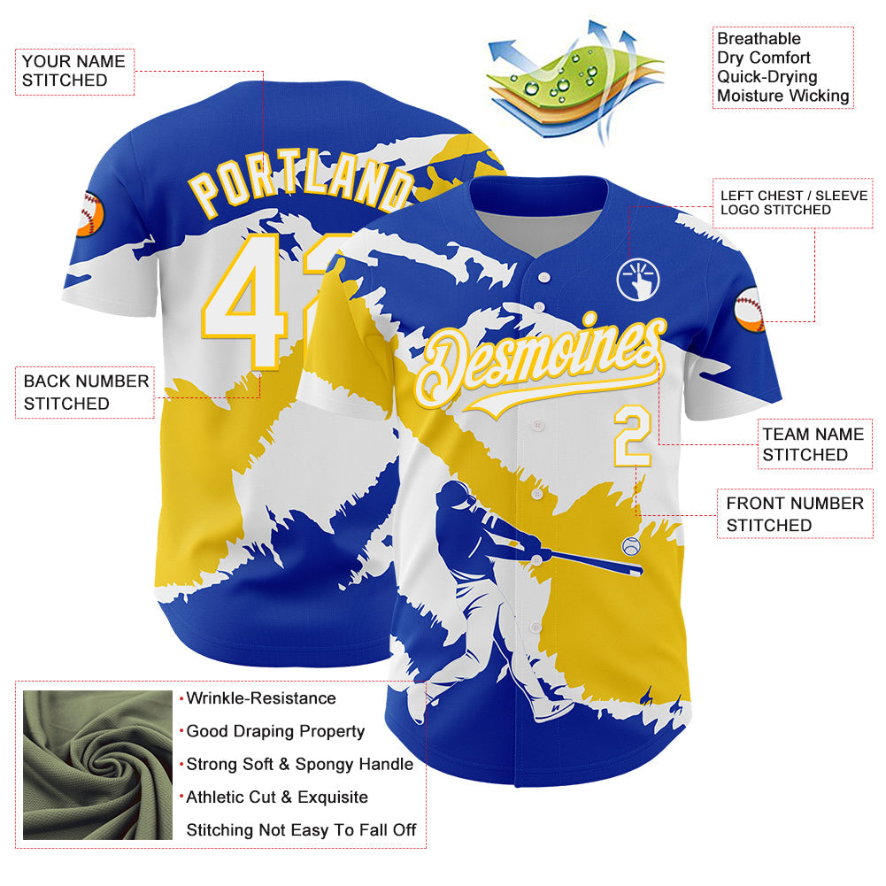 Custom Thunder Blue White-Yellow 3D Uruguay Uruguayan Flag Authentic Baseball Jersey view 3