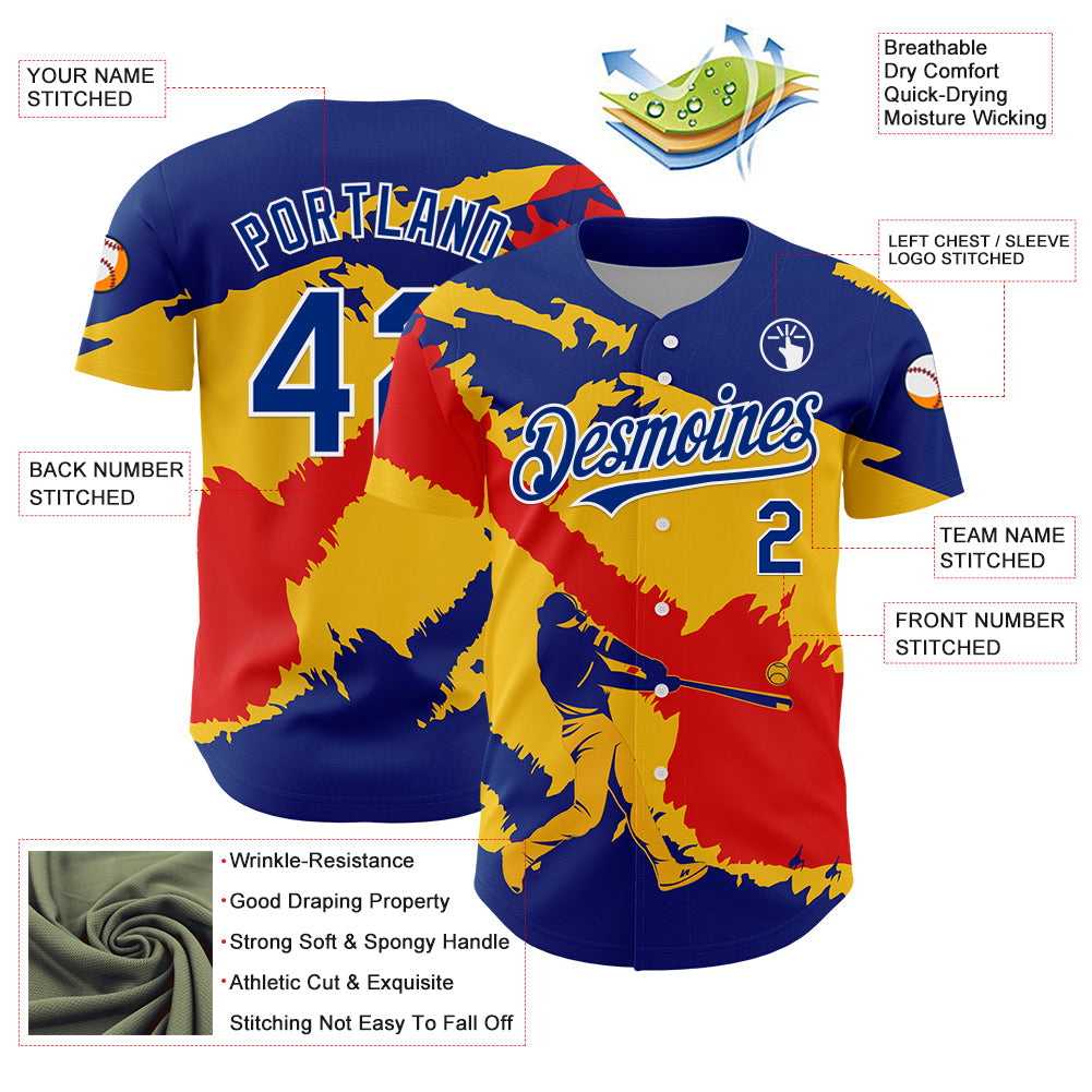 Custom Royal Yellow-Fire Red 3D Venezuela Venezuelan Flag Authentic Baseball Jersey view 3