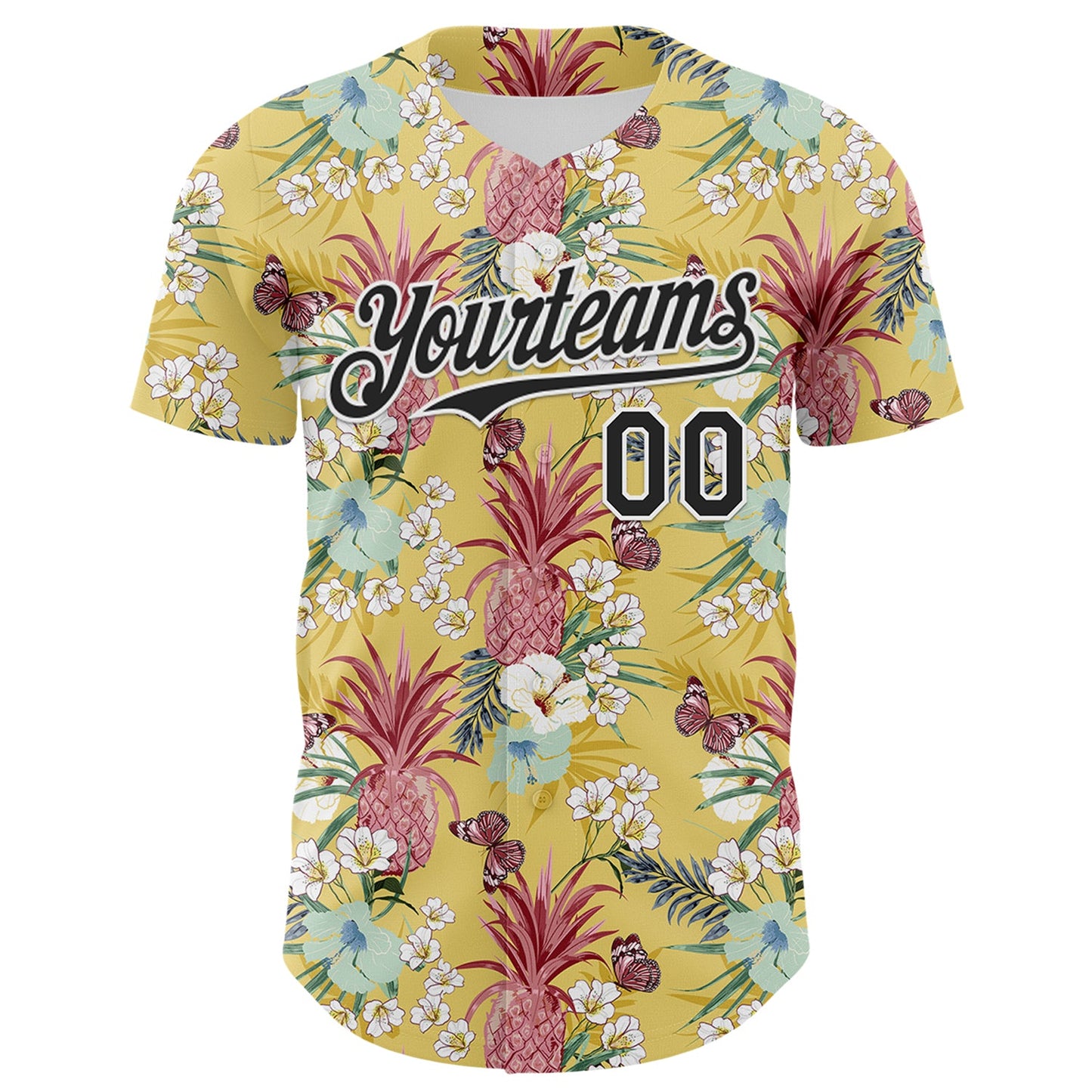 Custom Yellow Black-White 3D Hawaii Tropical Leaves Flower Pineapple Authentic Baseball Jersey view 2