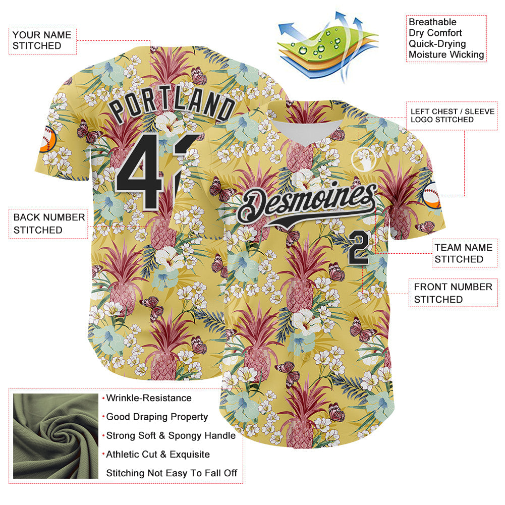 Custom Yellow Black-White 3D Hawaii Tropical Leaves Flower Pineapple Authentic Baseball Jersey view 3