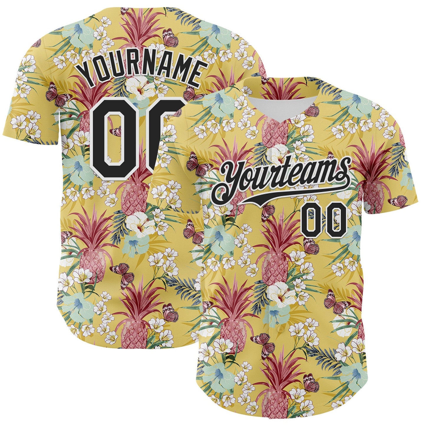 Custom Yellow Black-White 3D Hawaii Tropical Leaves Flower Pineapple Authentic Baseball Jersey - Main View
