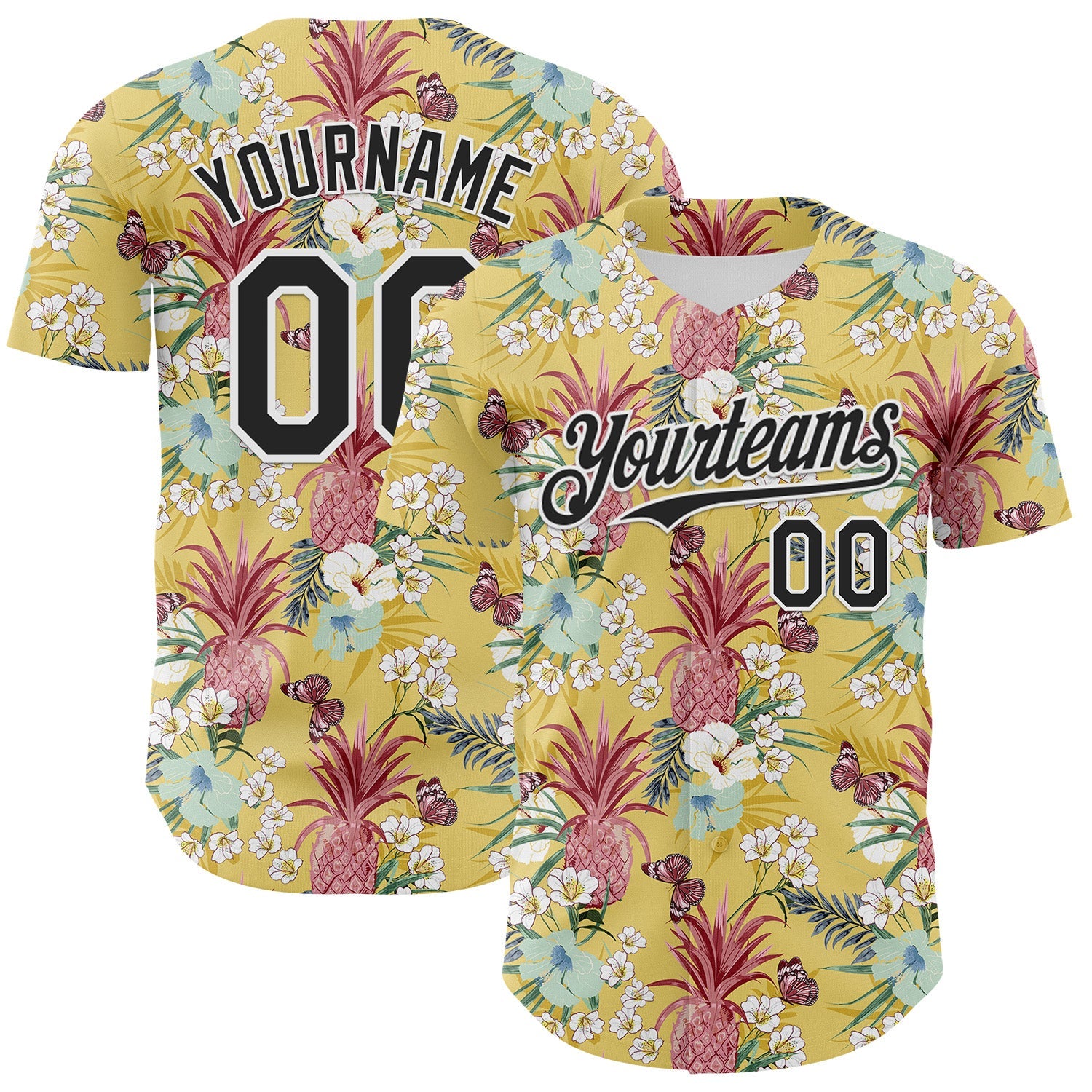 Custom Yellow Black-White 3D Hawaii Tropical Leaves Flower Pineapple Authentic Baseball Jersey - Main View