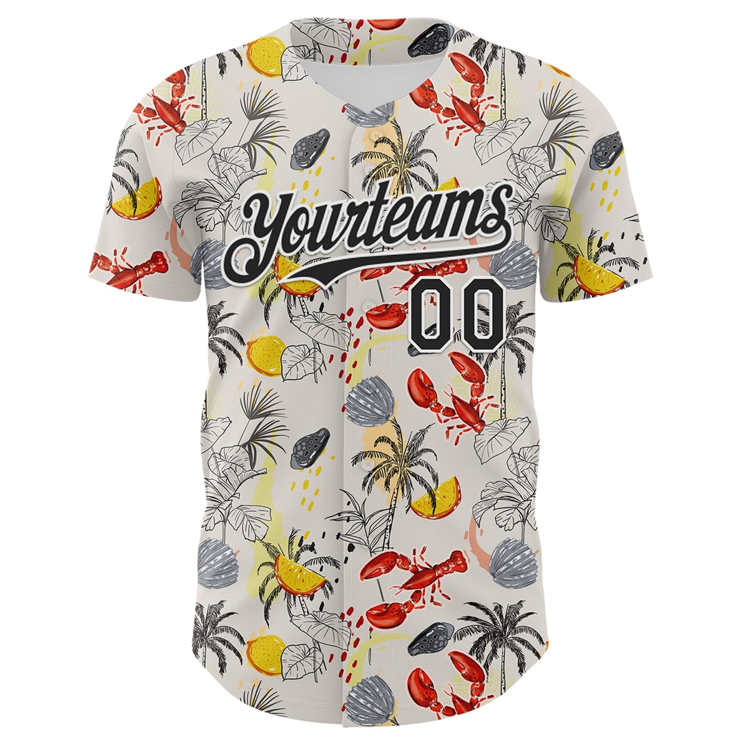Custom Cream Black-White 3D Hawaii Tropical Palm Tree Lobster Authentic Baseball Jersey view 2