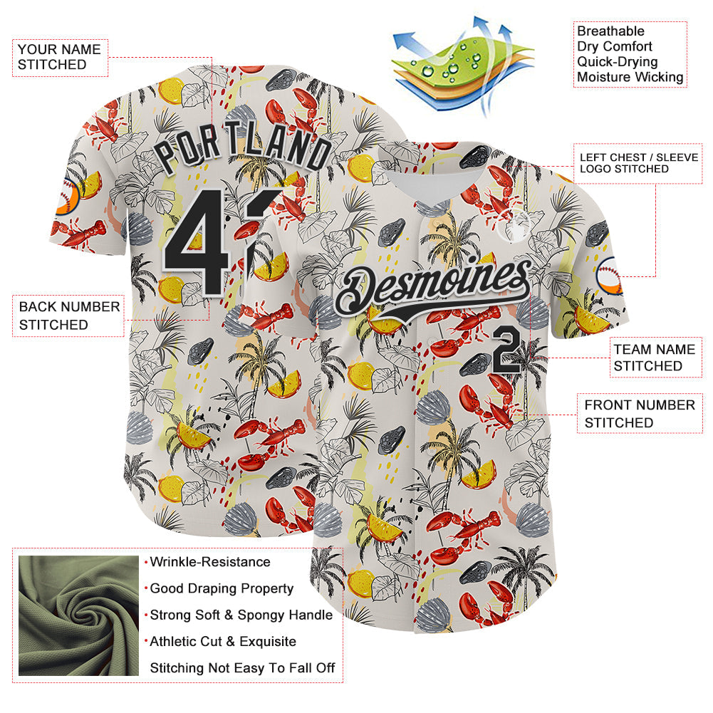 Custom Cream Black-White 3D Hawaii Tropical Palm Tree Lobster Authentic Baseball Jersey view 3
