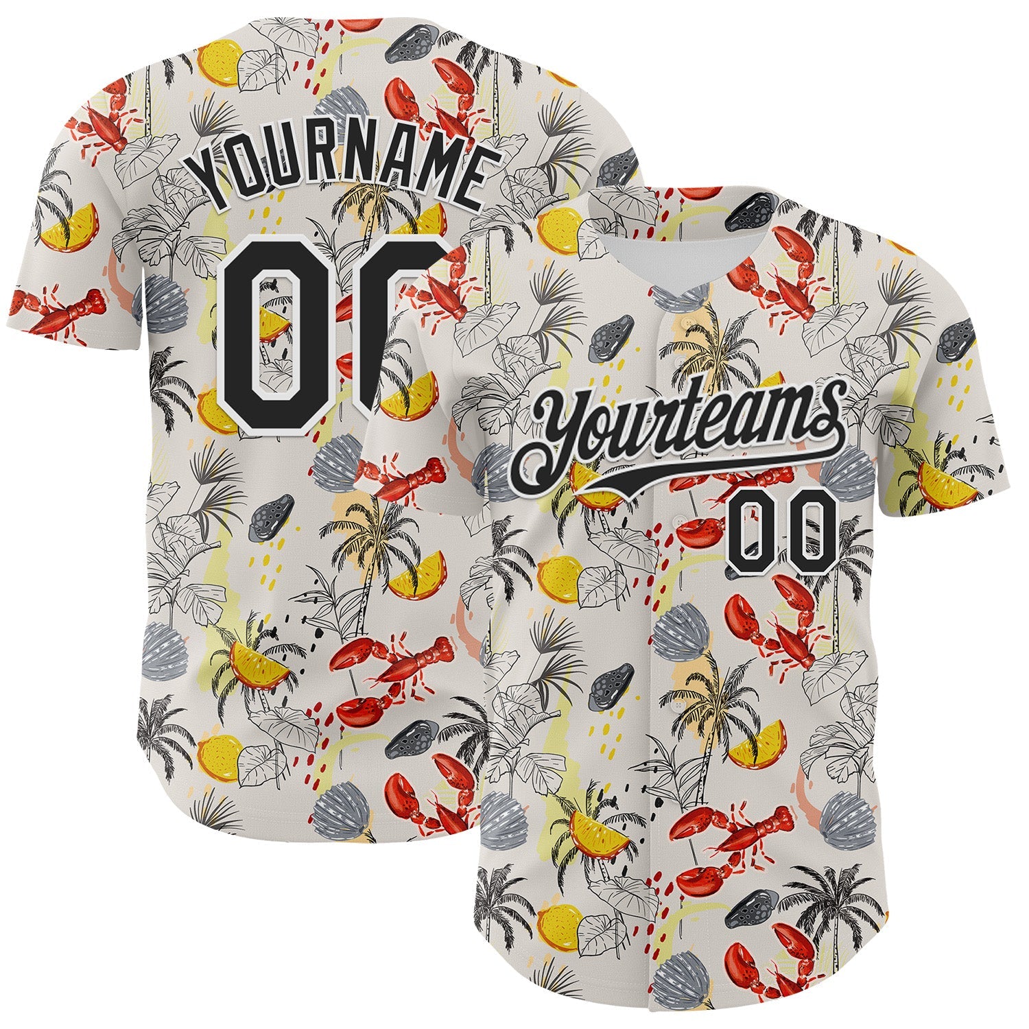 Custom Cream Black-White 3D Hawaii Tropical Palm Tree Lobster Authentic Baseball Jersey - Main View