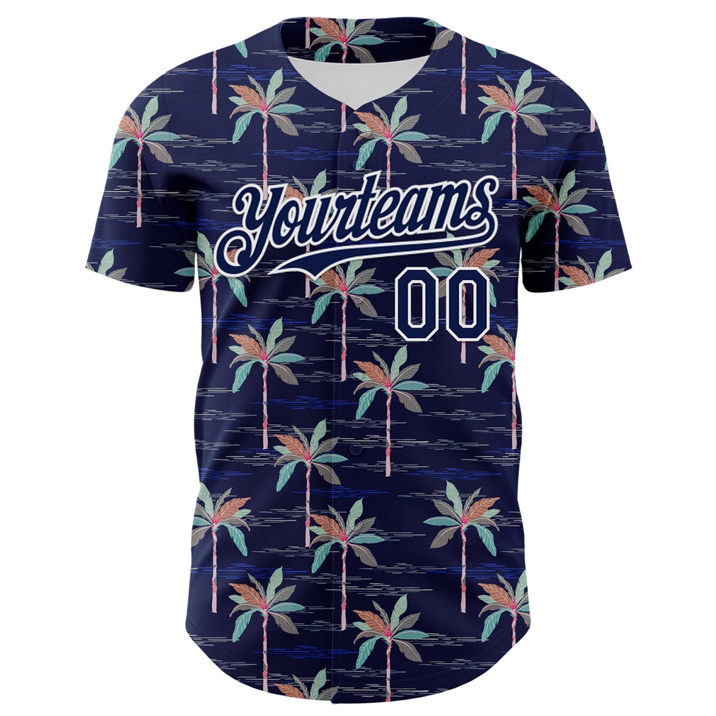 Custom Navy White 3D Hawaii Beach Tropical Palm Tree Authentic Baseball Jersey view 2