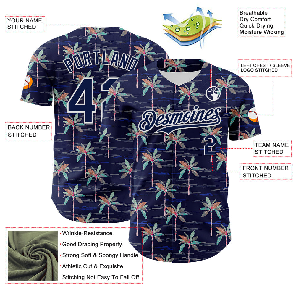 Custom Navy White 3D Hawaii Beach Tropical Palm Tree Authentic Baseball Jersey view 3