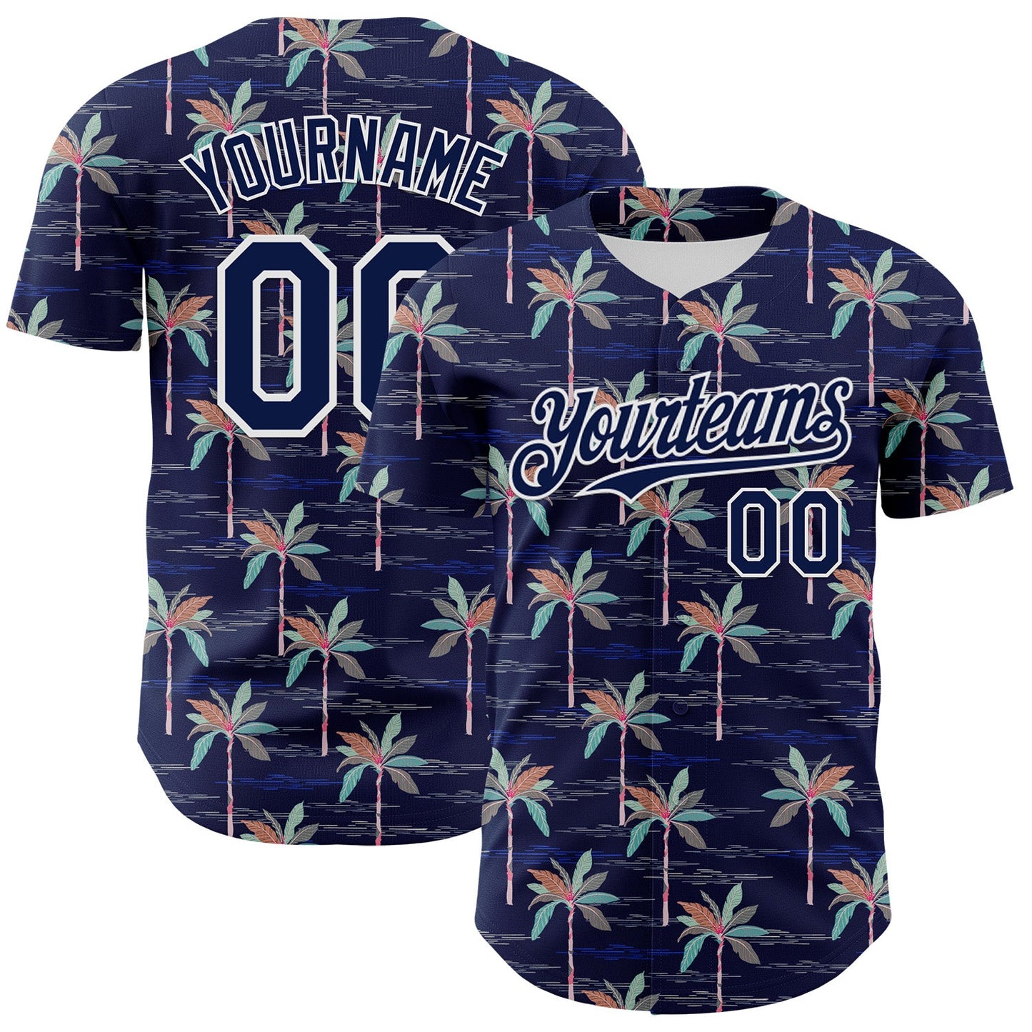 Custom Navy White 3D Hawaii Beach Tropical Palm Tree Authentic Baseball Jersey - Main View