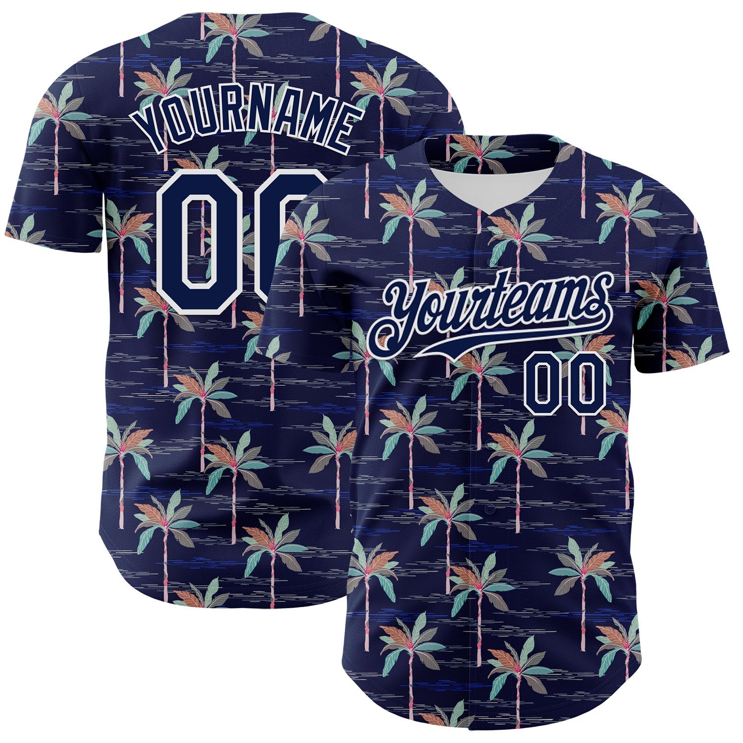 Custom Navy White 3D Hawaii Beach Tropical Palm Tree Authentic Baseball Jersey - Main View