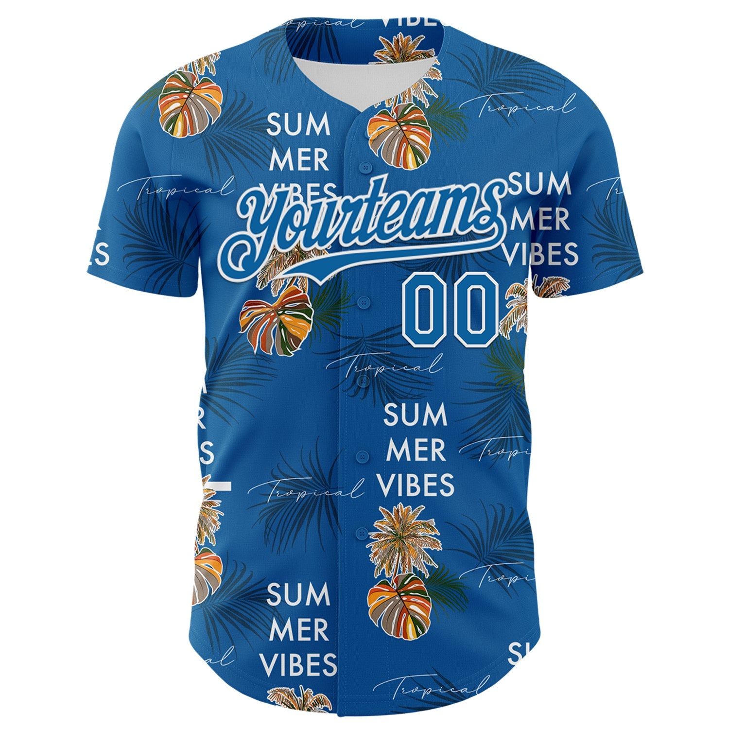 Custom Blue White 3D Hawaii Tropical Leaves Summer Vibes Authentic Baseball Jersey view 2