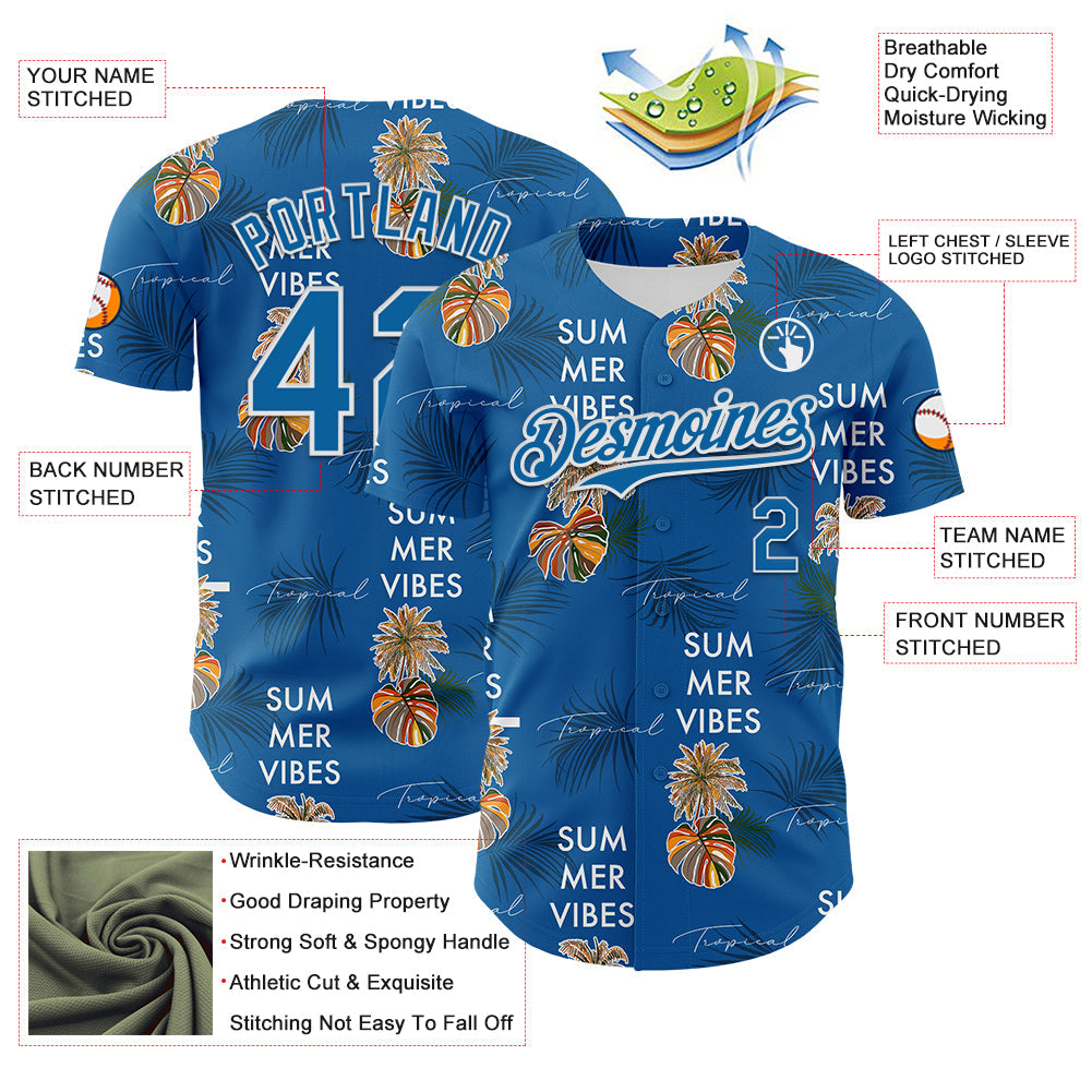 Custom Blue White 3D Hawaii Tropical Leaves Summer Vibes Authentic Baseball Jersey view 3