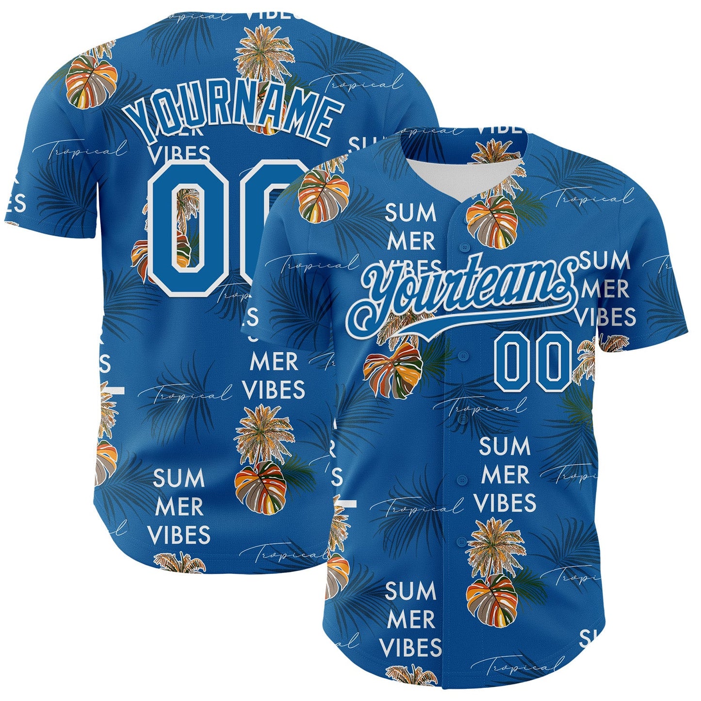 Custom Blue White 3D Hawaii Tropical Leaves Summer Vibes Authentic Baseball Jersey - Main View