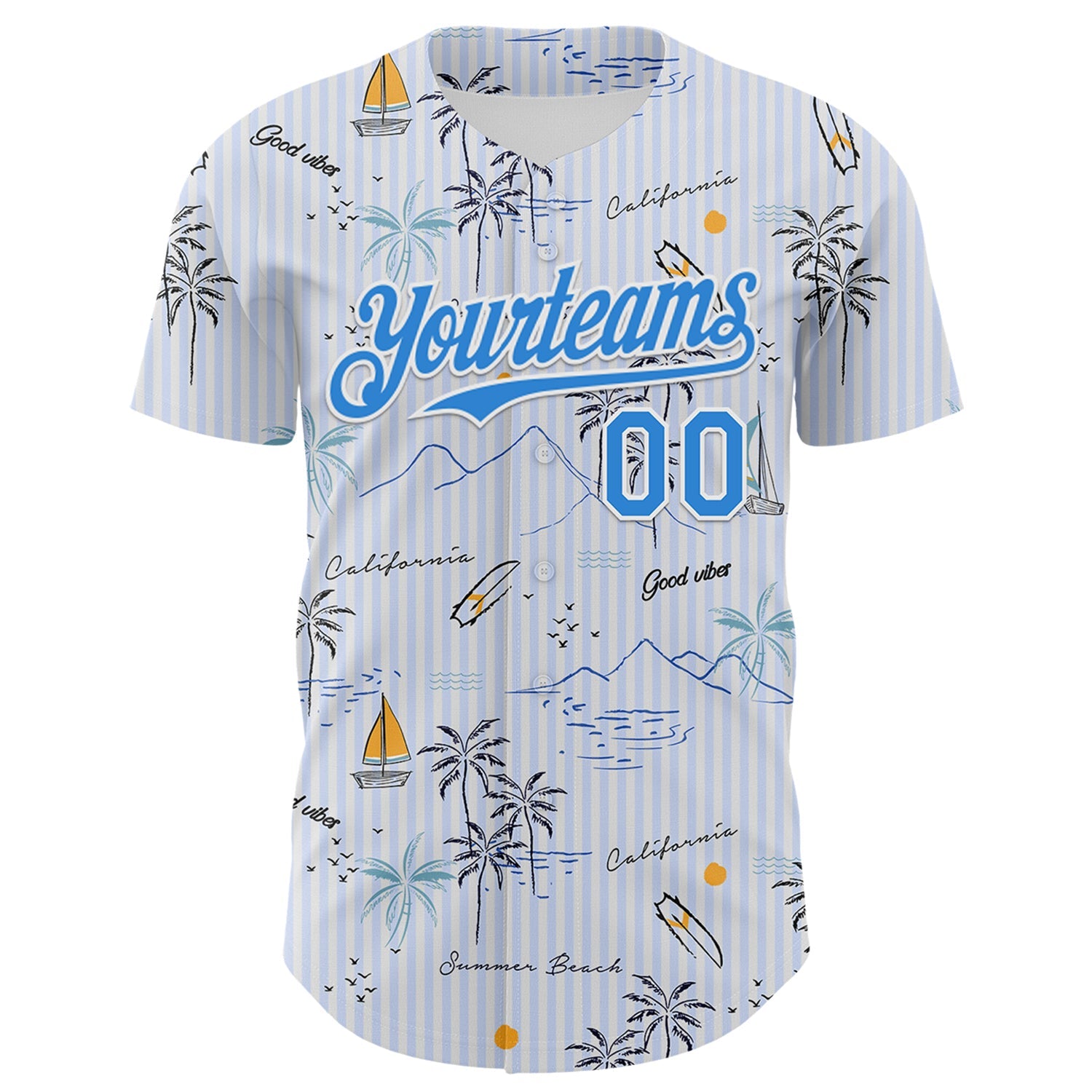 Custom White Electric Blue 3D Hawaii Beach Tropical Palm Tree Authentic Baseball Jersey view 2