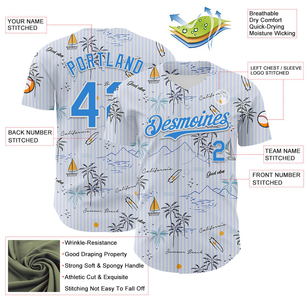 Custom White Electric Blue 3D Hawaii Beach Tropical Palm Tree Authentic Baseball Jersey view 3