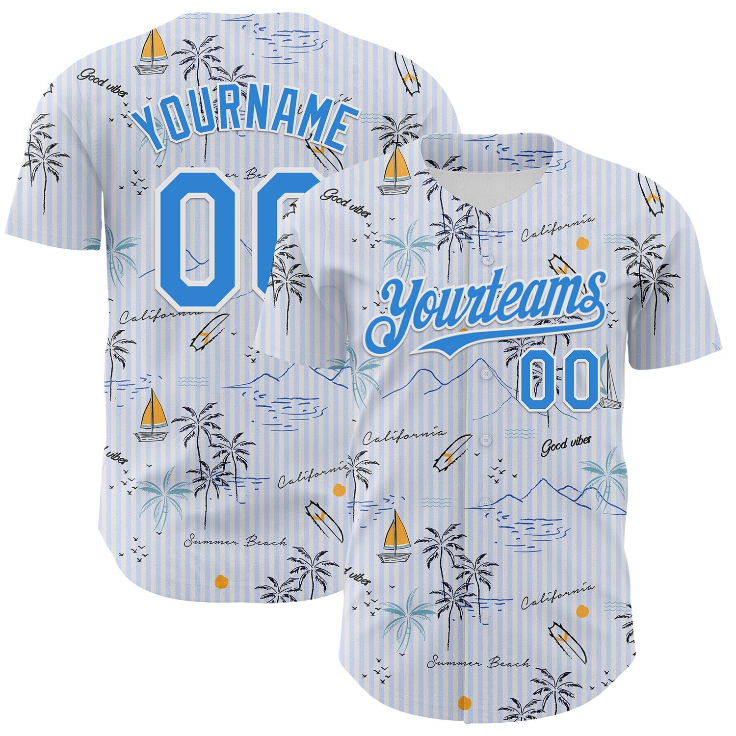 Custom White Electric Blue 3D Hawaii Beach Tropical Palm Tree Authentic Baseball Jersey - Main View