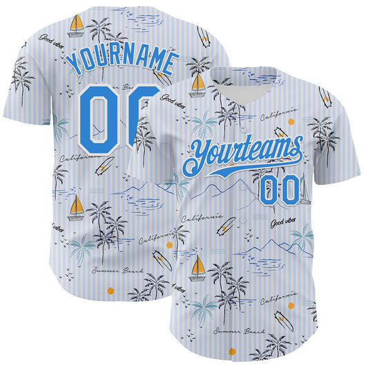 Custom White Electric Blue 3D Hawaii Beach Tropical Palm Tree Authentic Baseball Jersey - Main View