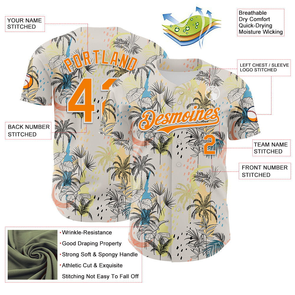 Custom Cream Bay Orange-White 3D Hawaii Tropical Palm Tree Authentic Baseball Jersey view 3