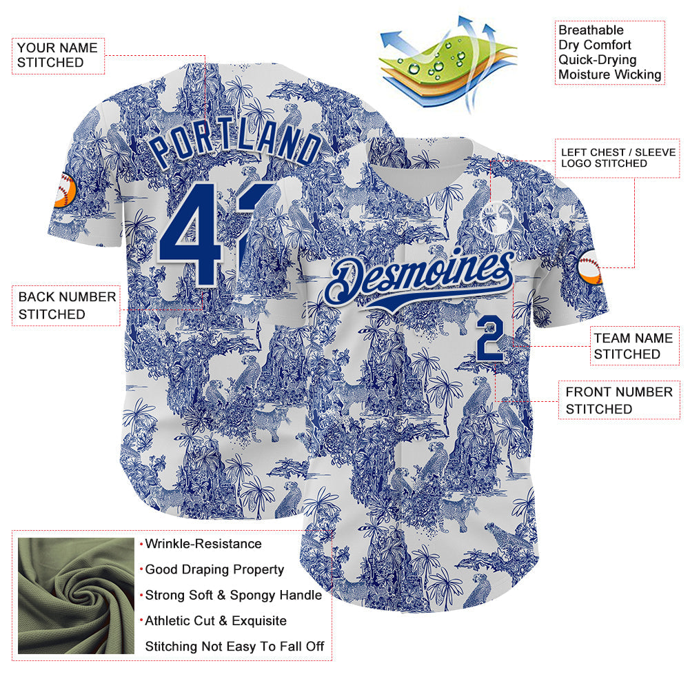 Custom White Royal 3D Hawaii Tropical Jungle Leopard Authentic Baseball Jersey view 3