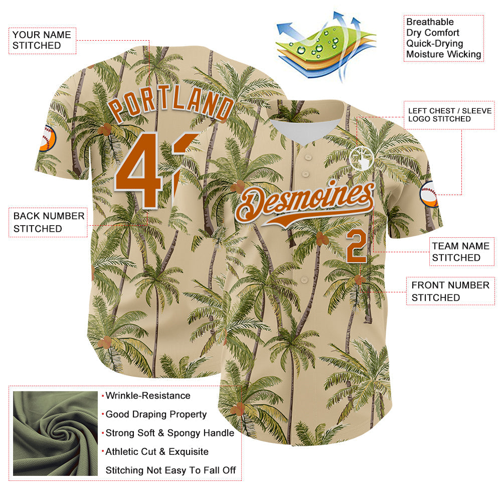 Custom City Cream Texas Orange-White 3D Hawaii Tropical Coconut Tree Authentic Baseball Jersey view 3