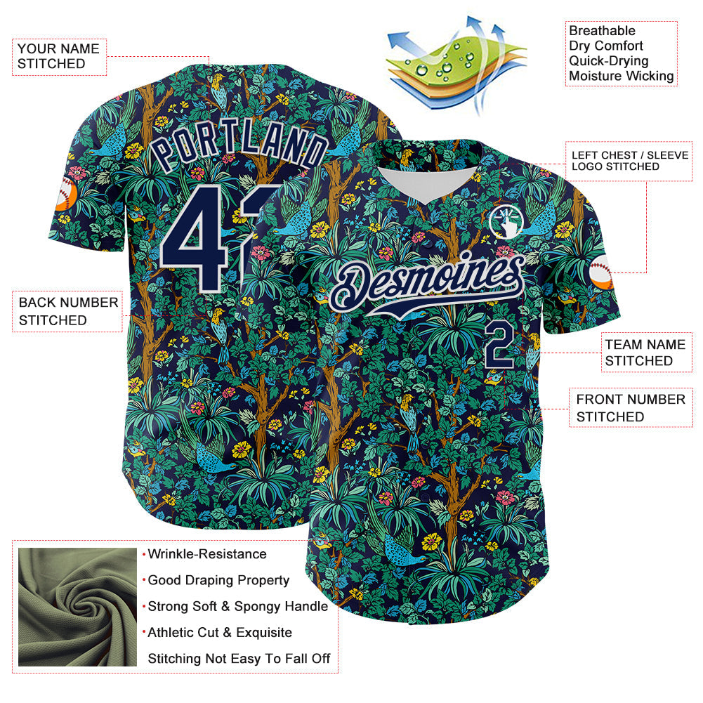 Custom Navy White 3D Hawaii Tropical Jungle Bird Authentic Baseball Jersey view 3