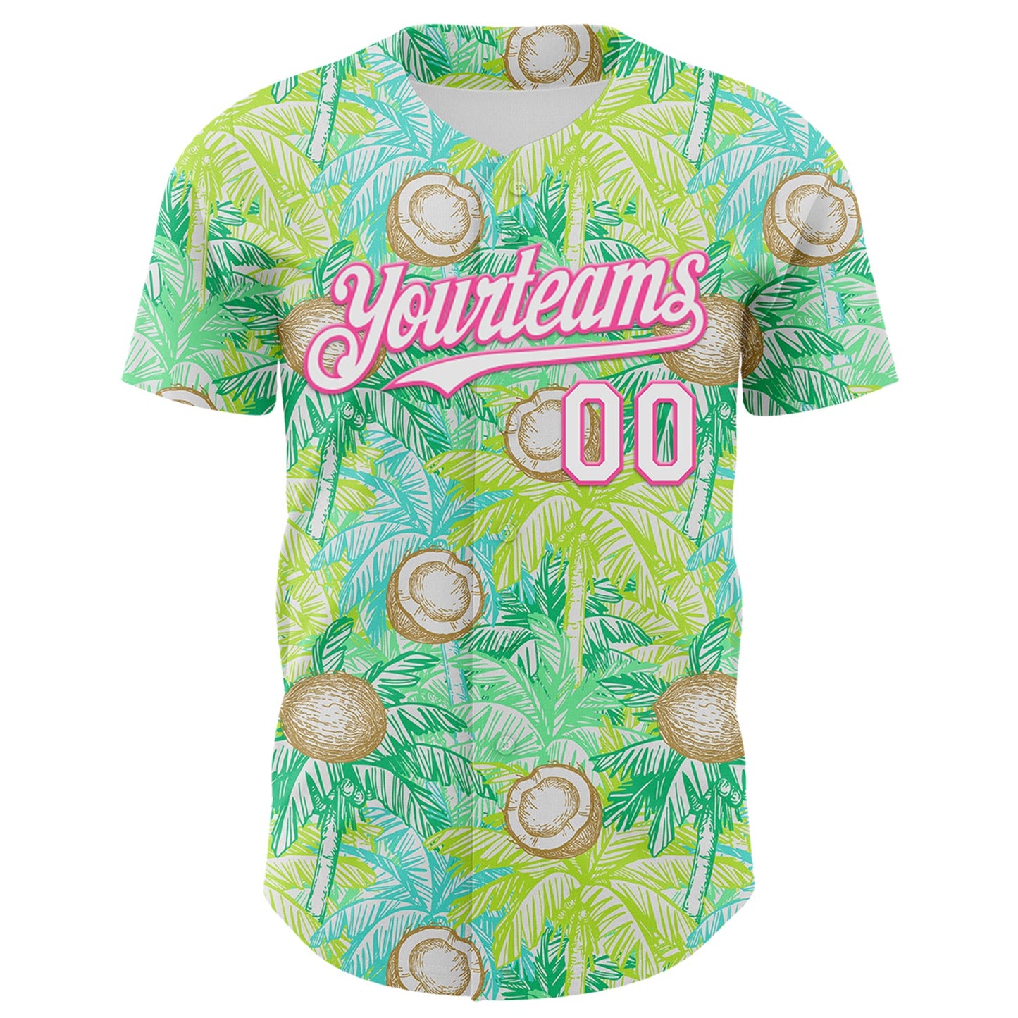 Custom White Pink 3D Hawaii Tropical Coconut Tree Authentic Baseball Jersey view 2