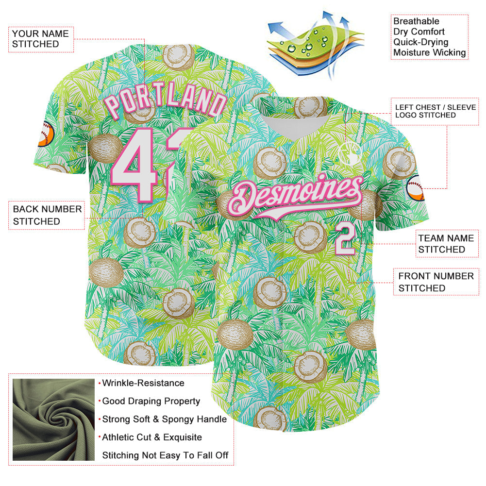 Custom White Pink 3D Hawaii Tropical Coconut Tree Authentic Baseball Jersey view 3