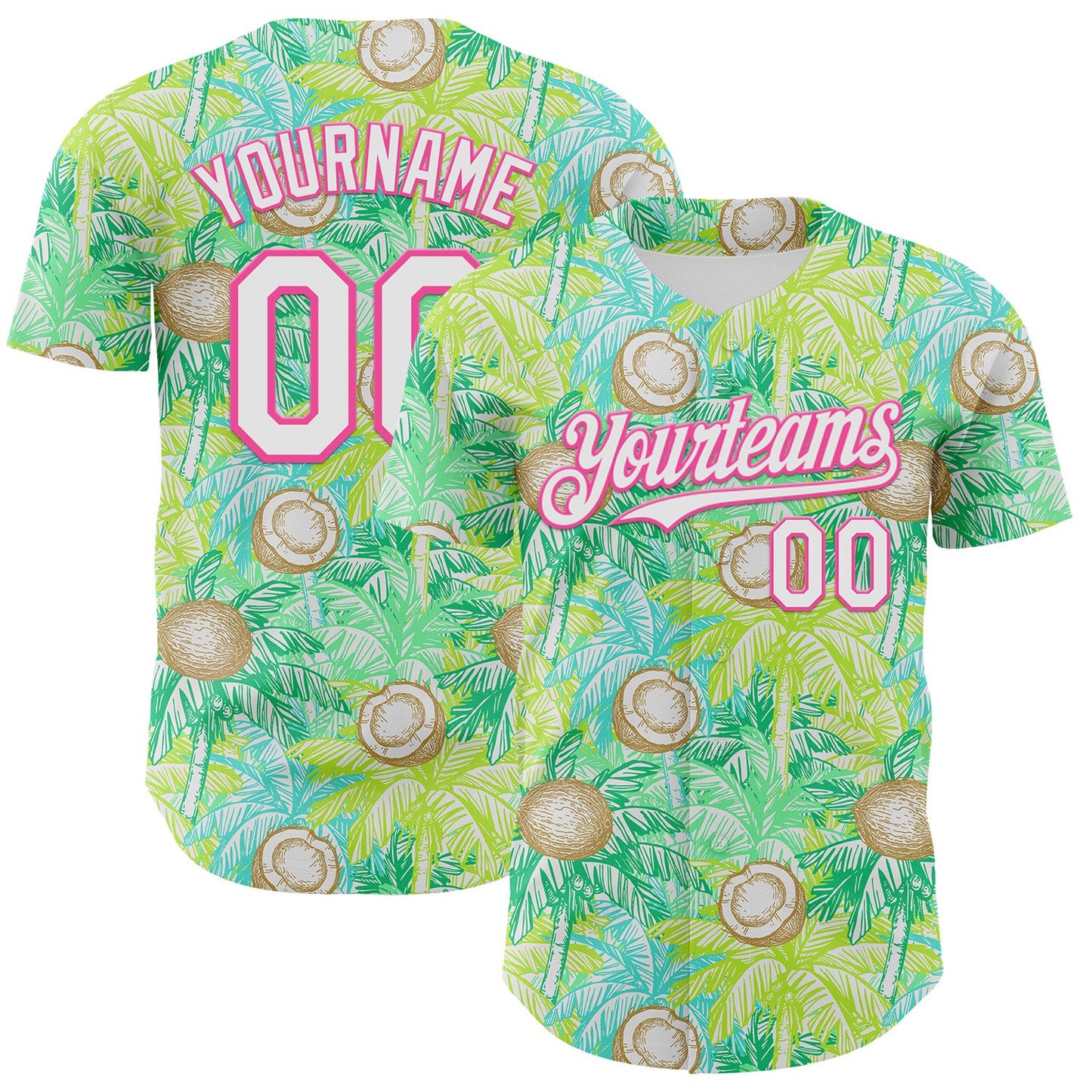 Custom White Pink 3D Hawaii Tropical Coconut Tree Authentic Baseball Jersey - Main View