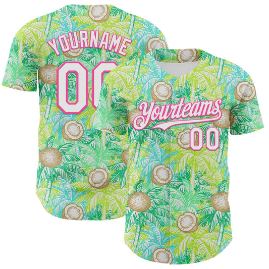 Custom White Pink 3D Hawaii Tropical Coconut Tree Authentic Baseball Jersey - Main View