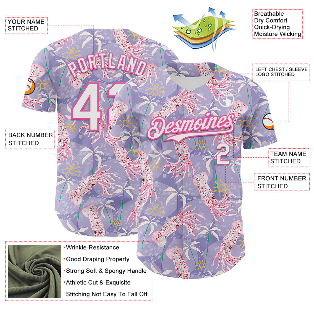 Custom Light Purple White-Pink 3D Hawaii Beach Tropical Octopus Authentic Baseball Jersey view 3