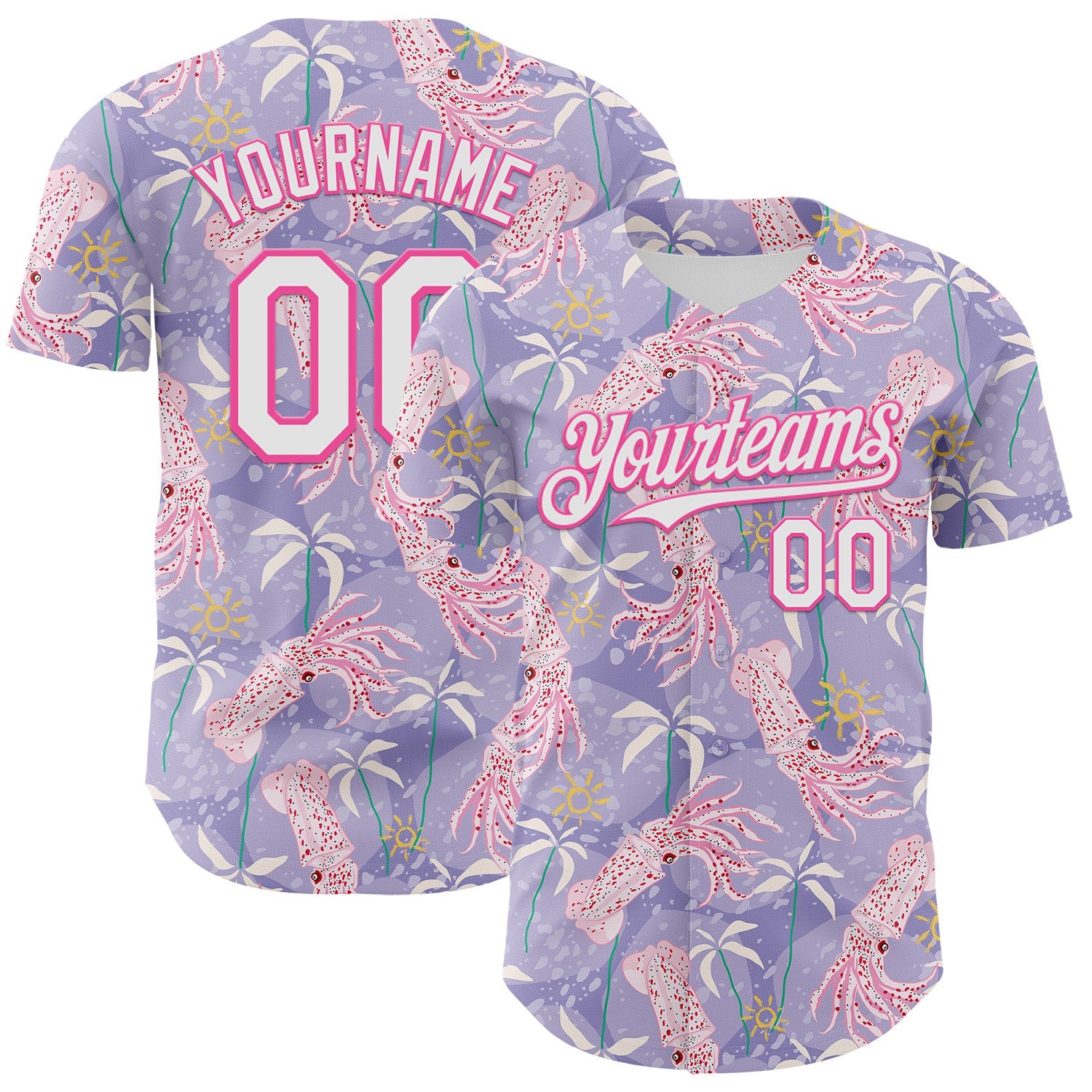 Custom Light Purple White-Pink 3D Hawaii Beach Tropical Octopus Authentic Baseball Jersey - Main View