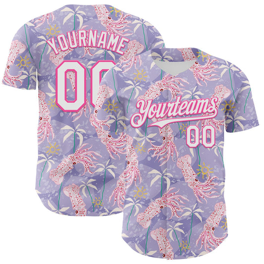 Custom Light Purple White-Pink 3D Hawaii Beach Tropical Octopus Authentic Baseball Jersey - Main View