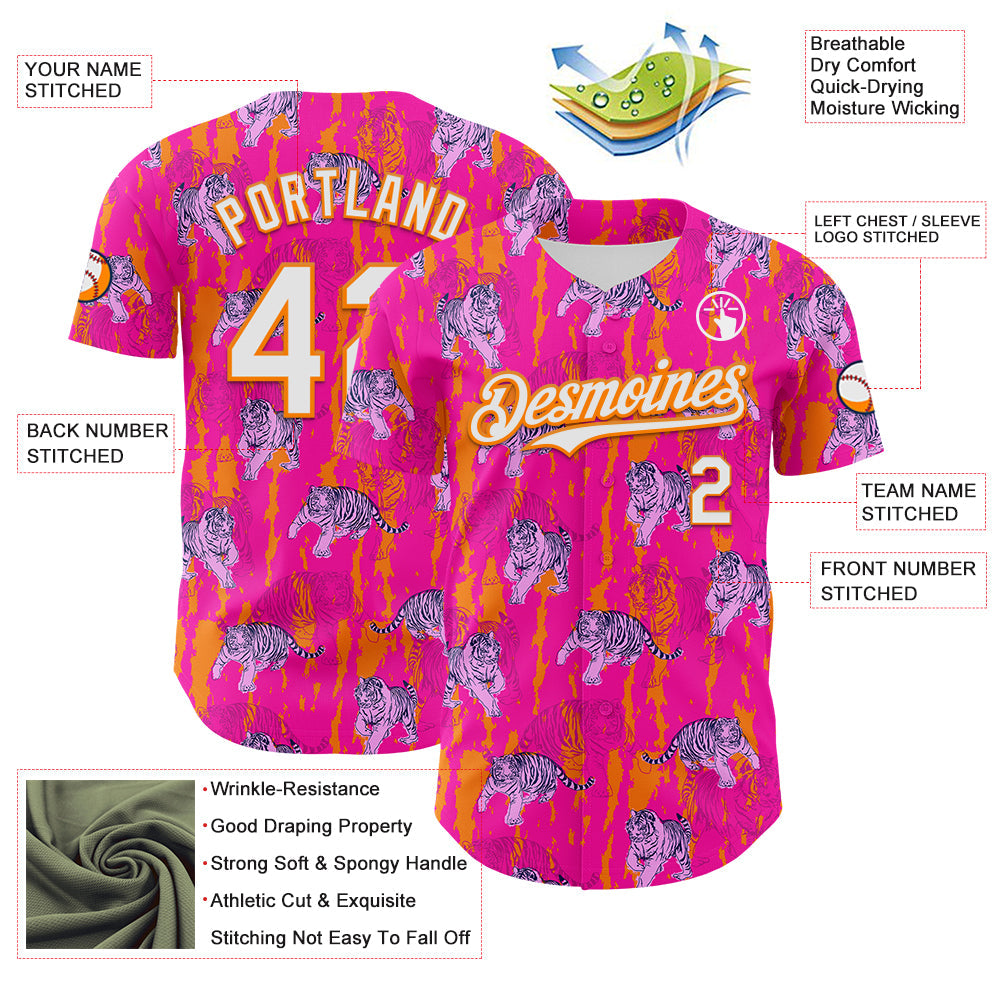Custom Deep Pink White-Bay Orange 3D Hawaii Tropical Animal Tiger Authentic Baseball Jersey view 3