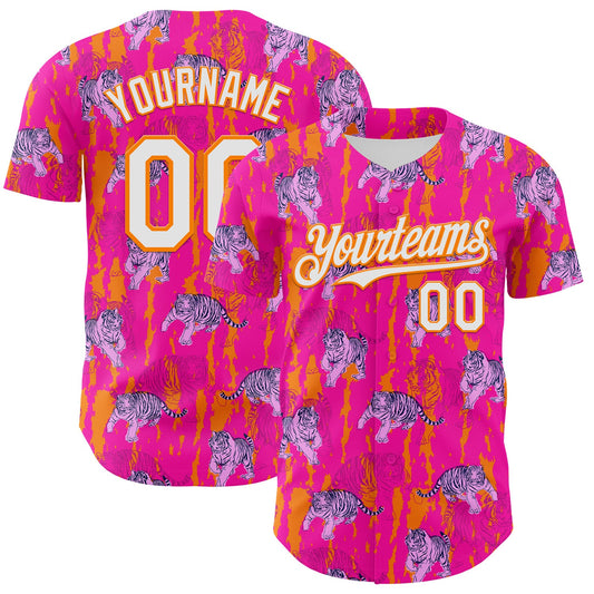 Custom Deep Pink White-Bay Orange 3D Hawaii Tropical Animal Tiger Authentic Baseball Jersey - Main View