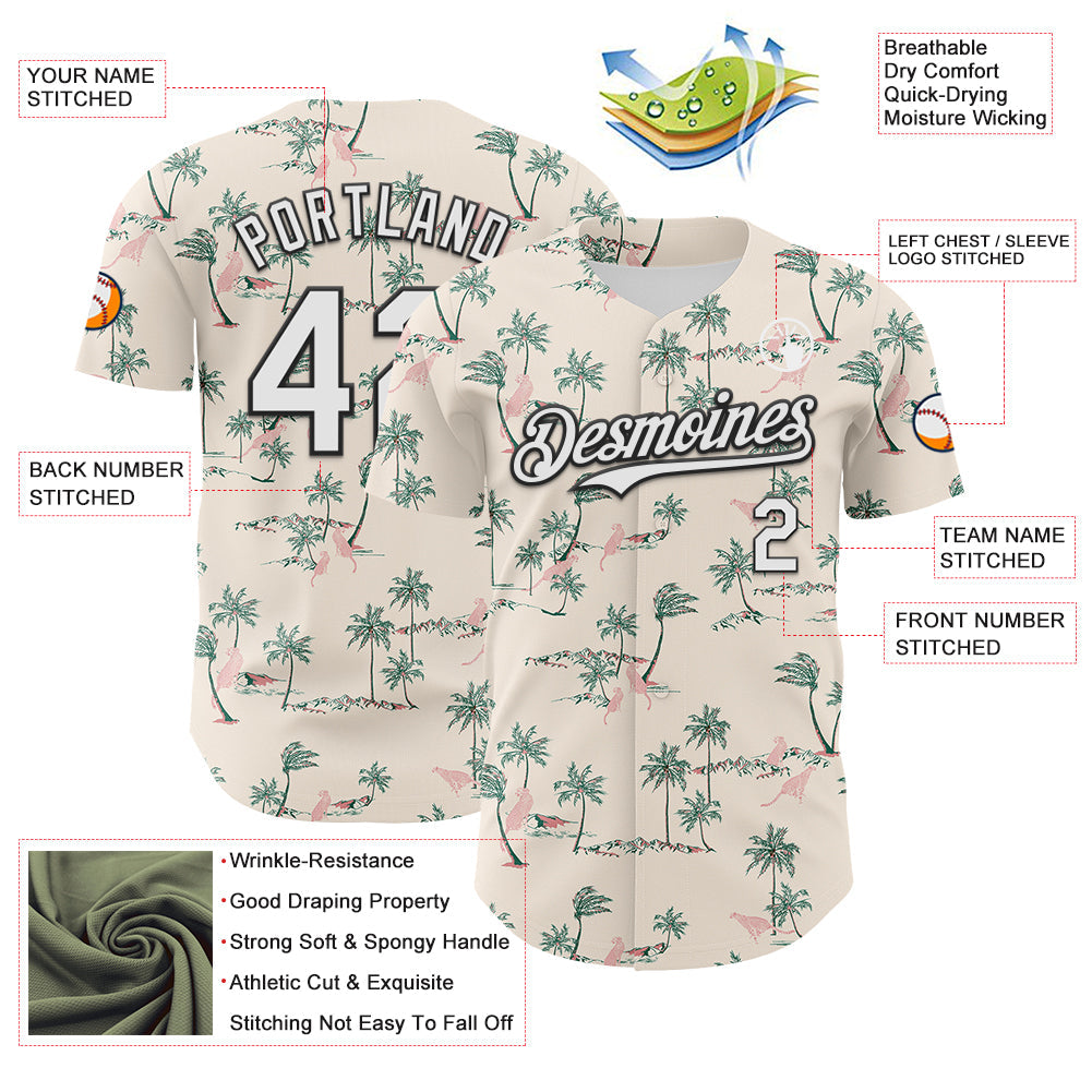 Custom Cream White-Black 3D Hawaii Tropical Palm Tree Leopard Authentic Baseball Jersey view 3
