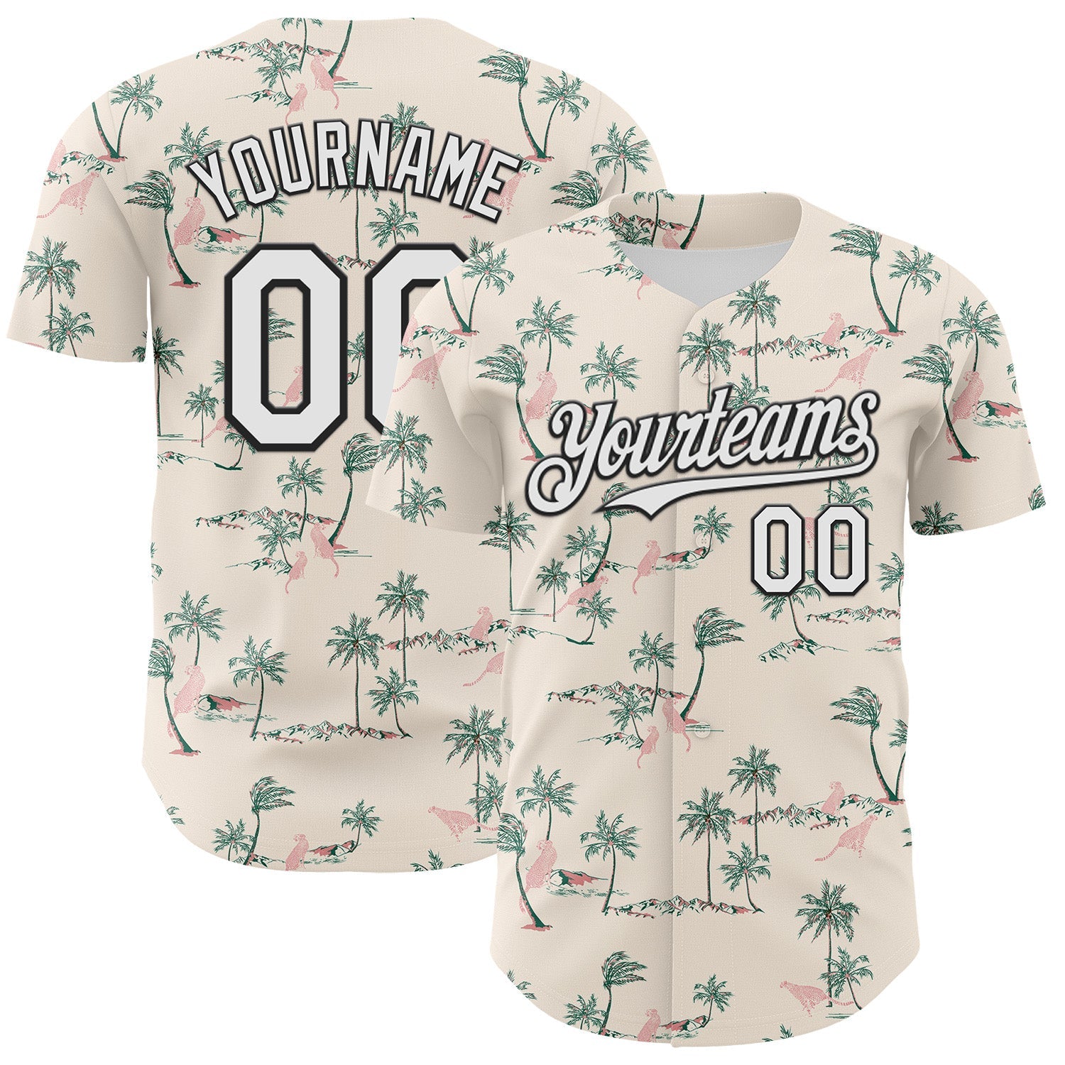 Custom Cream White-Black 3D Hawaii Tropical Palm Tree Leopard Authentic Baseball Jersey - Main View