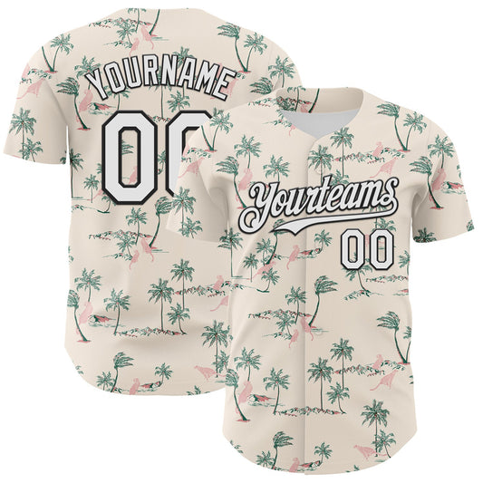 Custom Cream White-Black 3D Hawaii Tropical Palm Tree Leopard Authentic Baseball Jersey - Main View