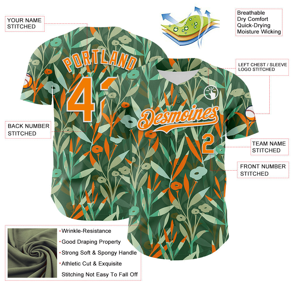 Custom Green Bay Orange-White 3D Hawaii Tropical Leaves And Flowers Authentic Baseball Jersey view 3