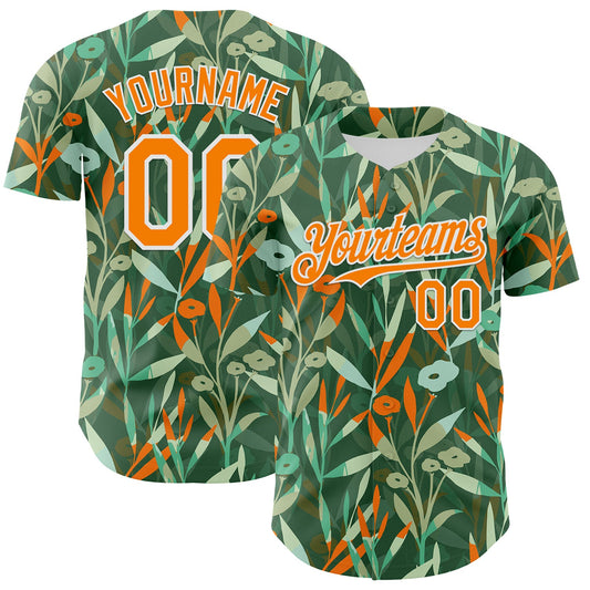 Custom Green Bay Orange-White 3D Hawaii Tropical Leaves And Flowers Authentic Baseball Jersey - Main View