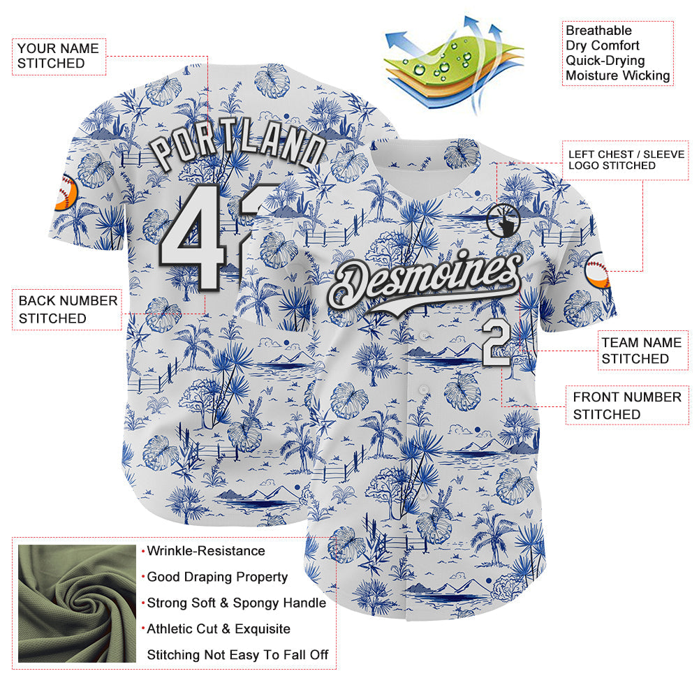 Custom White Black 3D Hawaii Island Tropical Palm Tree Authentic Baseball Jersey view 3