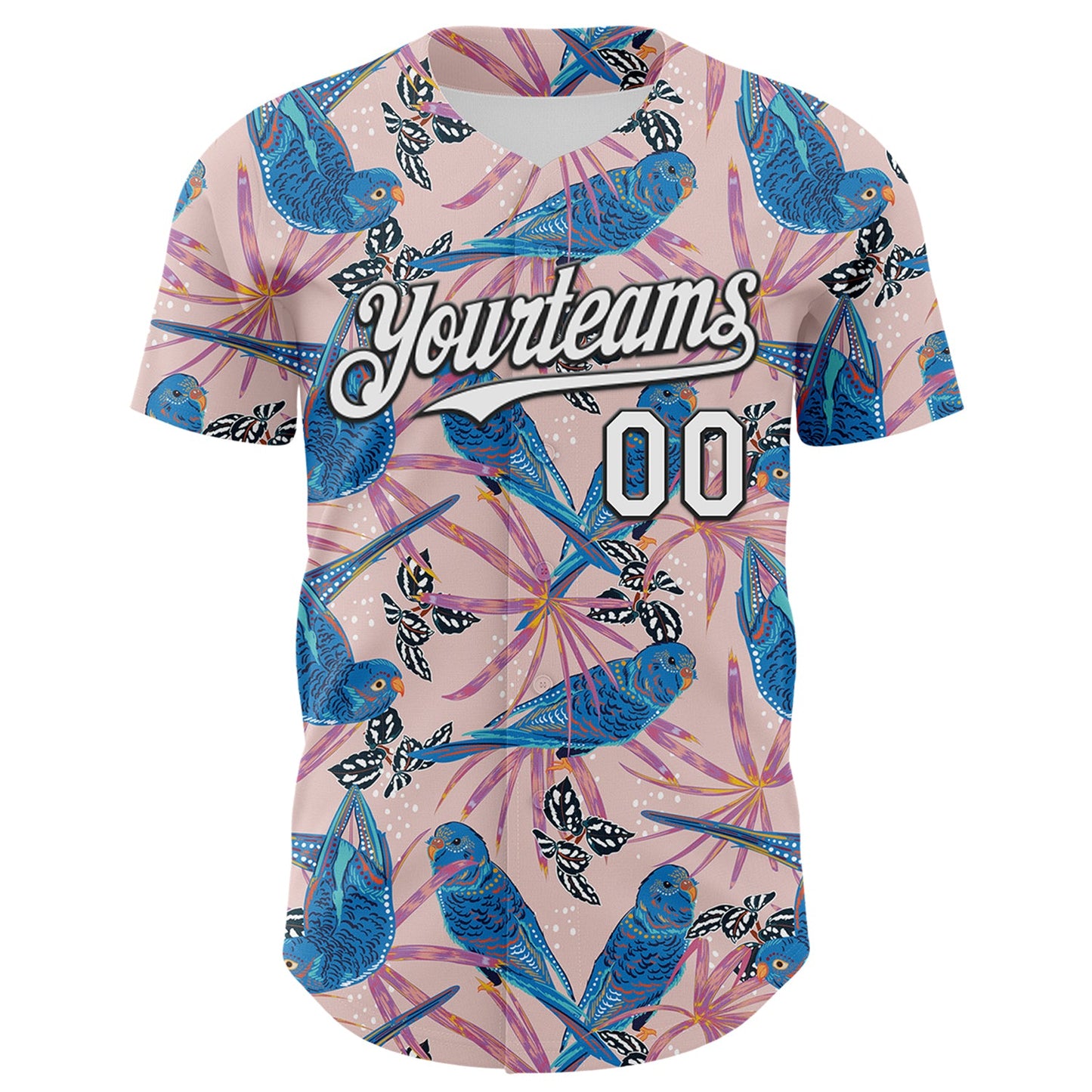 Custom Light Pink White-Black 3D Hawaii Tropical Forest Bird Authentic Baseball Jersey view 2