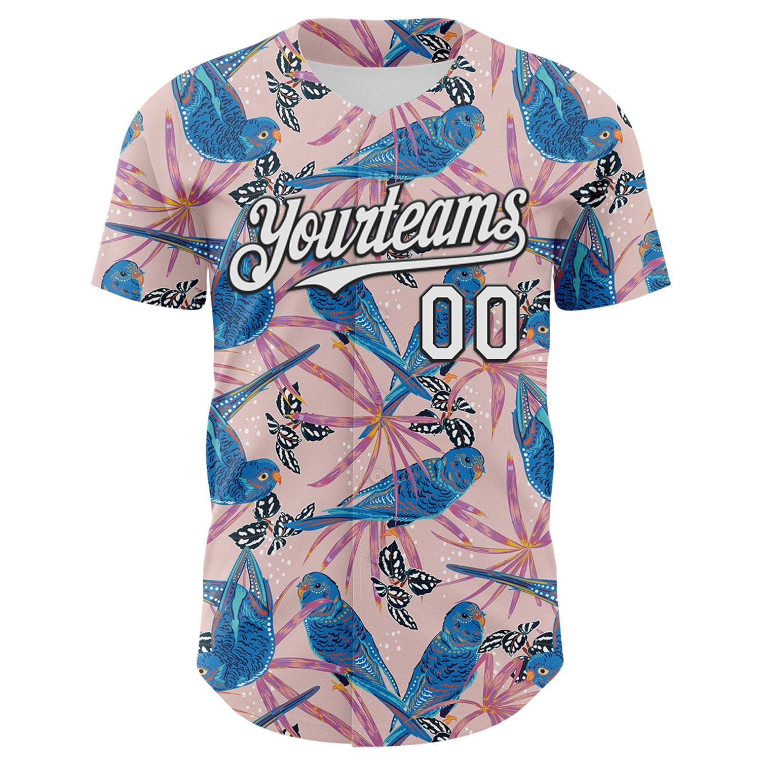 Custom Light Pink White-Black 3D Hawaii Tropical Forest Bird Authentic Baseball Jersey view 2