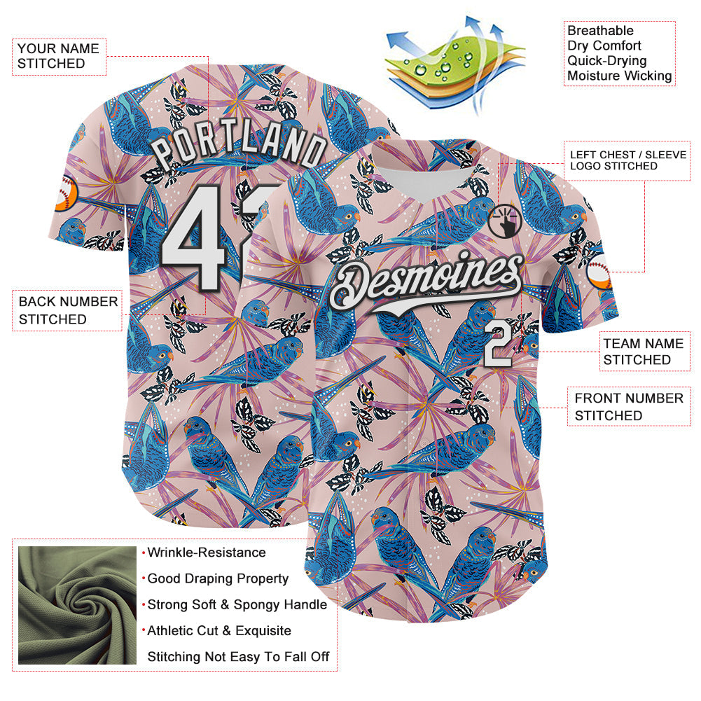 Custom Light Pink White-Black 3D Hawaii Tropical Forest Bird Authentic Baseball Jersey view 3