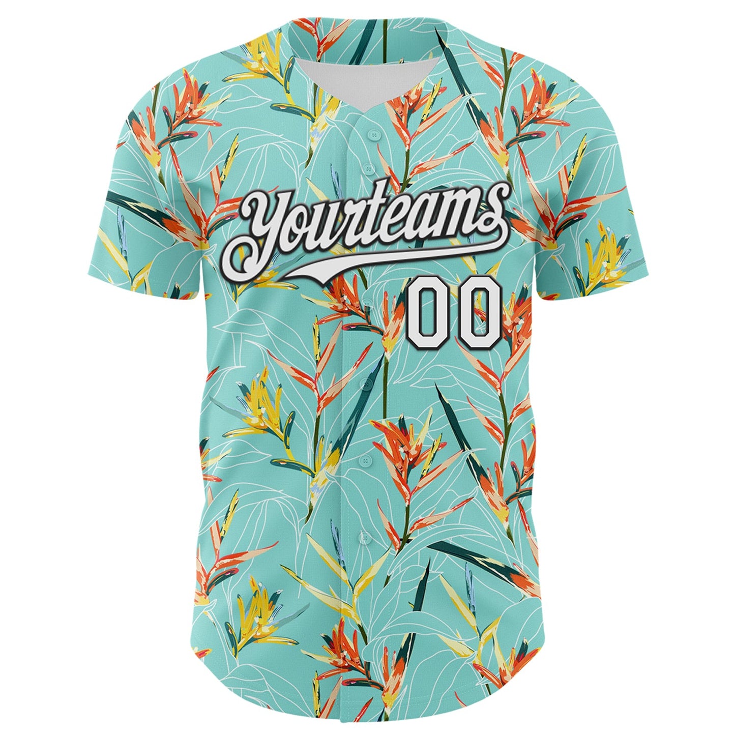 Custom Ice Blue White-Black 3D Hawaii Tropical Leaves Authentic Baseball Jersey view 2